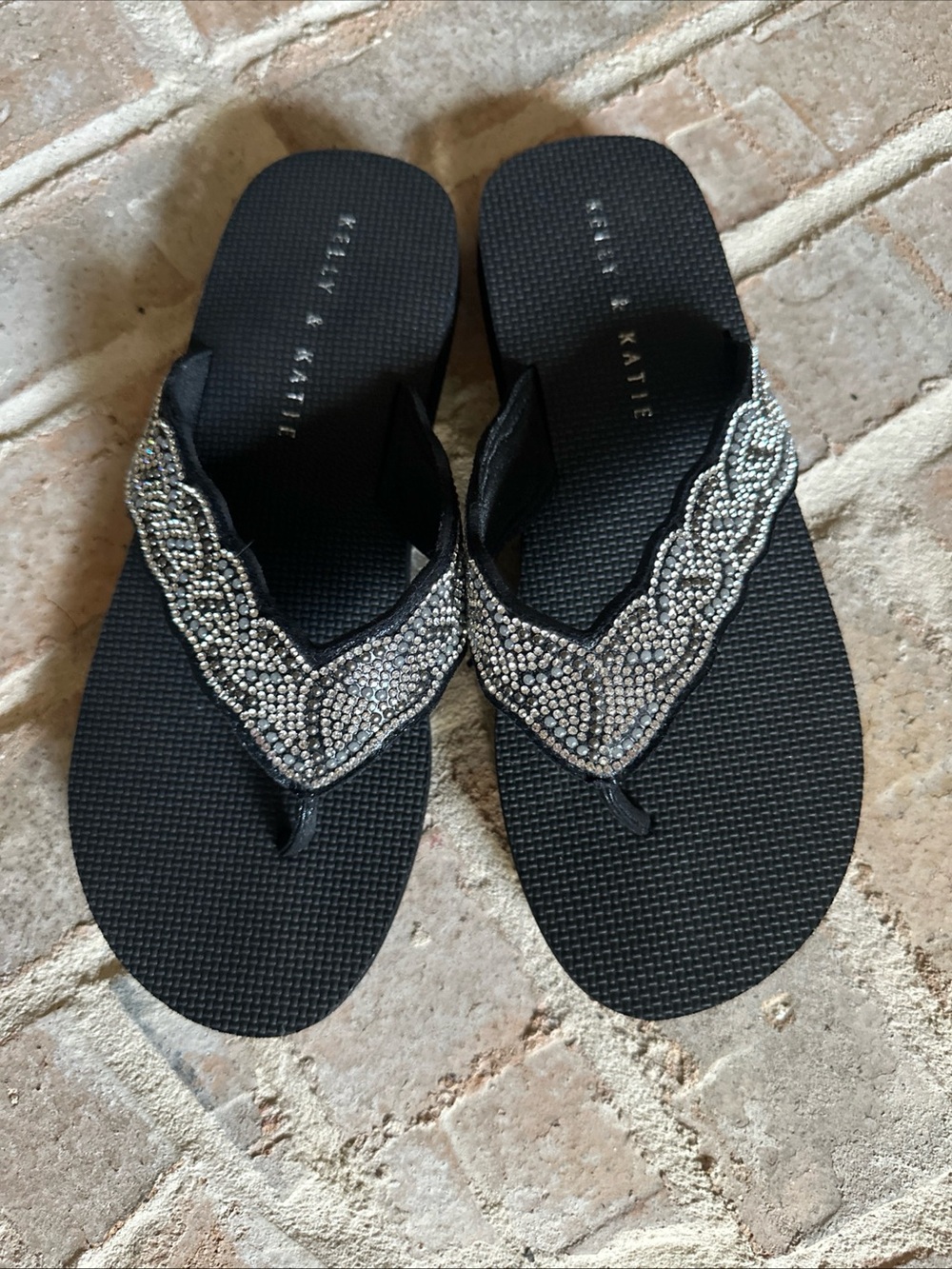 Kelly & Katie Black Rhinestone-Accented V-Top Flip Flops